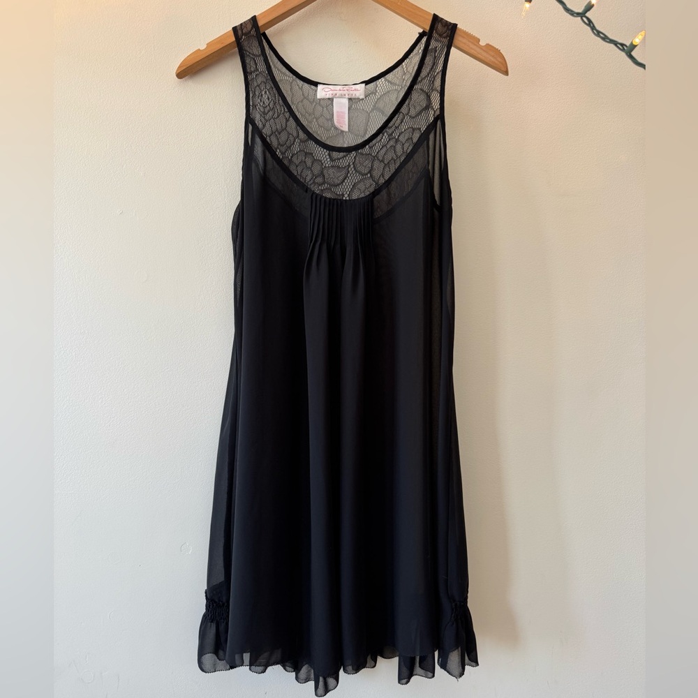 Oscar de la Renta Black Sheer Lace Chiffon Chemise /dress 90’s Vintage medium